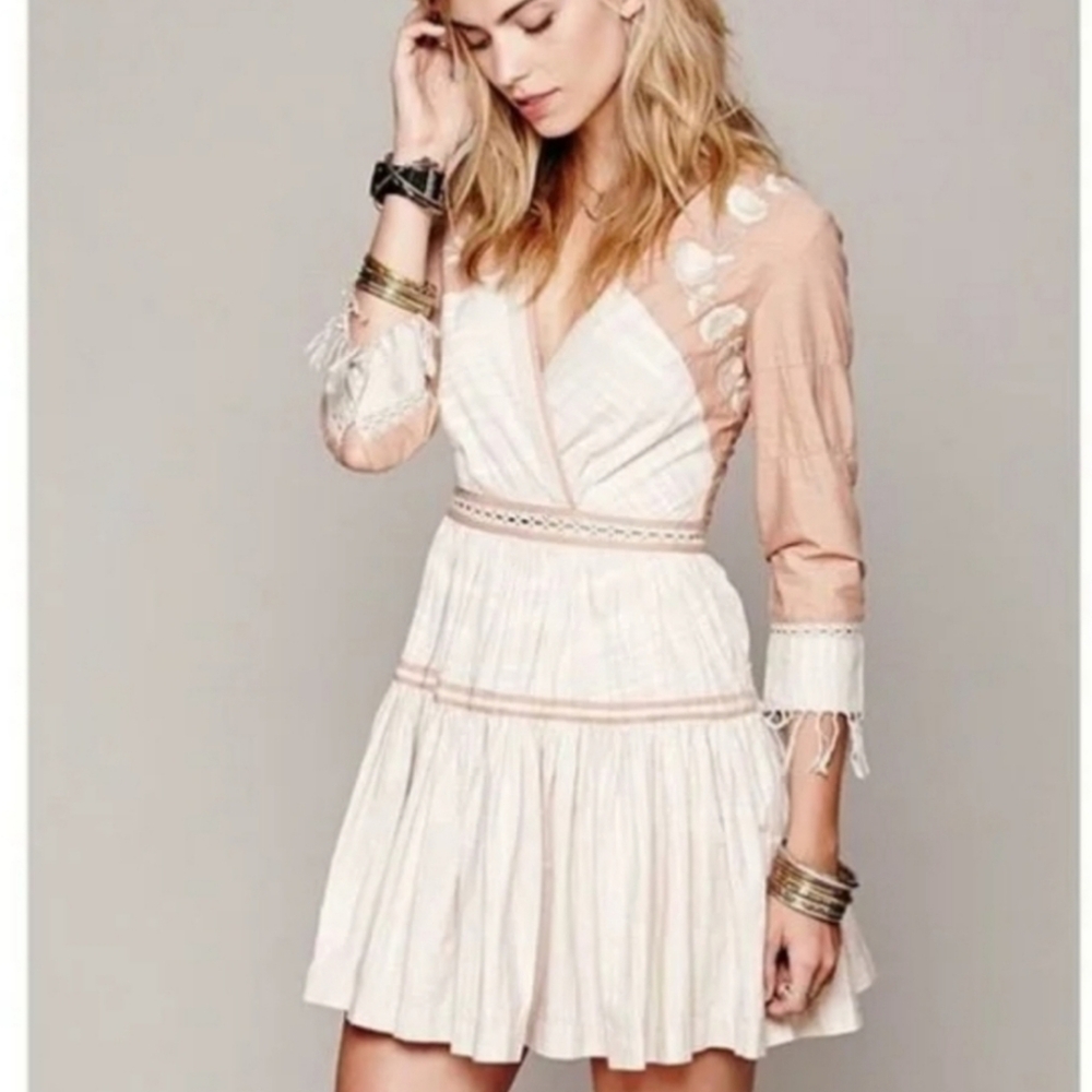 Free People Cream and Blush Boho V-Neck Mini Dress